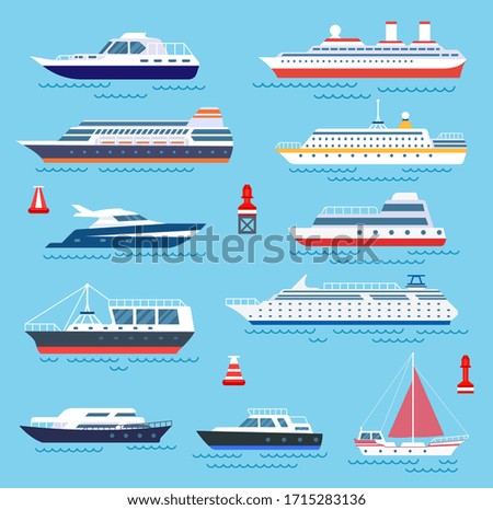 Sea ship. Vessel shipping, speedboating and yacht. Travelling or transportation, cruise and modern vessels. Water transport vector icons