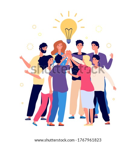 Team brainstorming. Success managers team, creative people have new idea. Office staff, managers or young business startup. Friends high five vector illustration