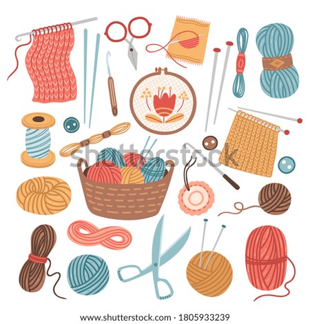 Knitting threads. Knit sewing, wool yarn balls. Isolated cartoon handicraft accessories, crochet needlework hobby tools vector illustration