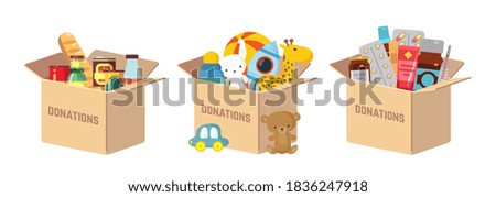Donations boxes. Donate child toys, food and medications humanitarian aid. Charity kindness, volunteer social assistance