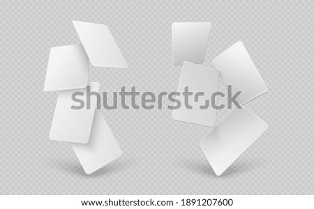 Falling paper cards. White business card, 3d mock up empty gift vouchers. Blank flying corporate identity banners, realistic sheets vector templates