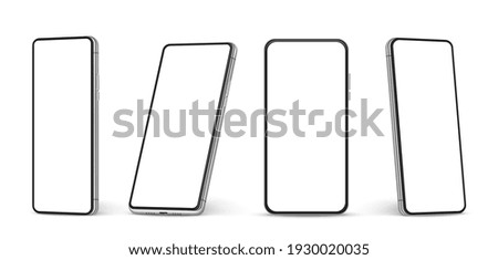 Realistic smartphone mockup. Cellphone with blank white screen, mobile phone in different angles of view 3d isolated template