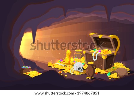 Treasure cave. Fantasy game location, cartoon mine with old gold coins in wooden chest. Ancient magical pirate cache recent vector illustration