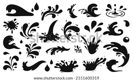 Water drops, black sea ocean waves stencil. Liquid elements, cry droplet icons vector set. Ink, sauce, river isolated splashes
