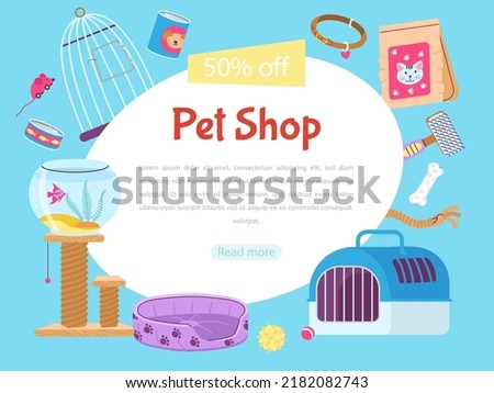 Pet shop banner template. Veterinary store advertisement, sale zoo tools ad poster. Dogs cats accessories, shopping animal decent vector badge