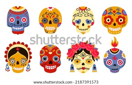 Dead day skulls. Sugar scary skull dia de los muertos. Mexico cartoon totem logo in hat and flower wreaths. Mexican festival nowaday spooky vector elements