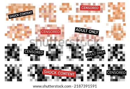 Censored square elements black and beige colors. Pixel blur explicit, blurred square for adult only content. Decent digital pixelated mosaic for hide vector set