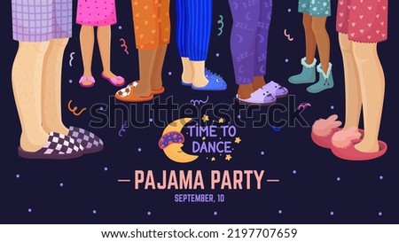 Pajama party background with casual slippers on human legs. Holiday relaxation, fun nightwear shoes. Night partying for girls at home, cozy neoteric vector invitation