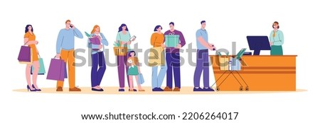 Supermarket queue to cashier, store waiting line. Lot of people shopping. Grocery shop customers with trolley, cart and bags. Kicky vector wait characters