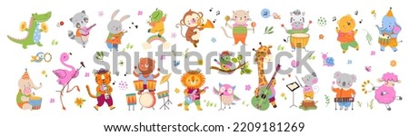 Musical dancing animals, celebration concert. Cartoon animal play musical instruments. Music giraffe, lion, hippo and elephant. Childish nowaday vector collection
