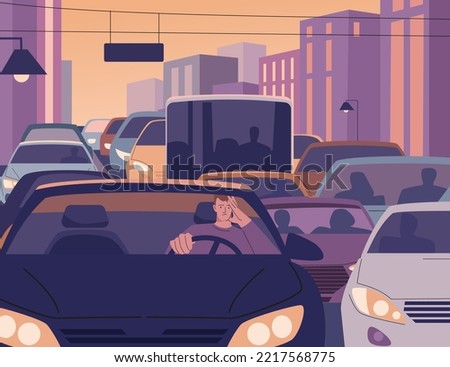 Tired man driving city traffic jam at evening. After work day, sleepy driver in car on road. Fatigue male in auto, urban environment problems kicky vector scene