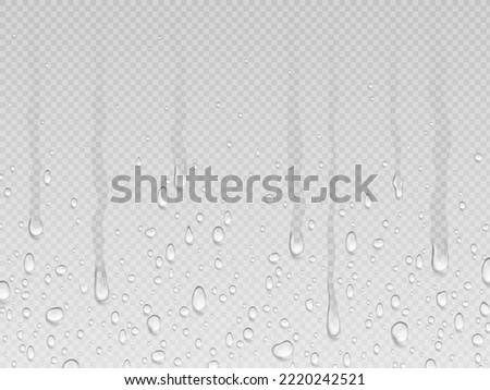 Realistic dripping drops flow down background. Rain dropping, water transparent texture. Drip steam and condensate, droplet on glass pithy vector design