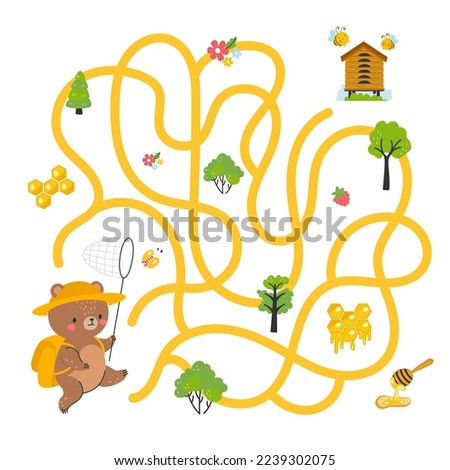 Children maze game, kids labyrinth. Path finding graphic art for kid play. Forest cartoon bear find ways to honey. Child magazine nowaday vector page