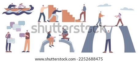 People building communication bridges, solving connection problems together. Effective interaction metaphor, conversation and collaboration kicky vector scenes