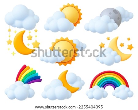 Cartoon 3d weather elements. Sun moon and stars, rainbow and fluffy clouds. Nature plasticine objects, render style design. Night morning pithy vector set