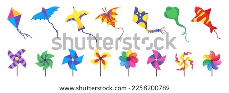 Wind pinwheel toys, colorful windmill toy cartoon design. Children paper kites, color wheel funny kids elements. Summer neoteric vector outdoor games set