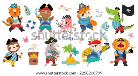 Pirates cartoon characters, happy animal in pirate costume. Isolated cute animals, fun captain, island and chest with treasure. Nowaday sailor vector set
