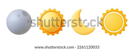 Various 3d sun and moon, crescent isolated icon. Realistic render of star and planet, full gray moon and yellow sunny. Celestial vector elements