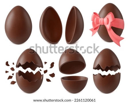 Realistic chocolate eggs, broken candy egg. Easter surprise, kinder sweet holiday gift. Half crack 3d elements, pithy vector cocoa objects set