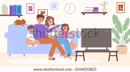 Family watching tv sitting on sofa. Watch movie in living room together. Adults and children relax at home on couch, snugly cartoon vector scene