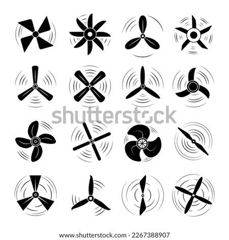 Black airplane propellers symbols. Propeller blade elements, rotate flight motor. Turbine rotating, electric fan or marine screw decent vector logos