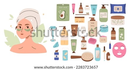 Beauty routine elements, facial brushes and stickers. Spa morning care tools, make up concealer and hair brush. Face massage item, snugly vector set