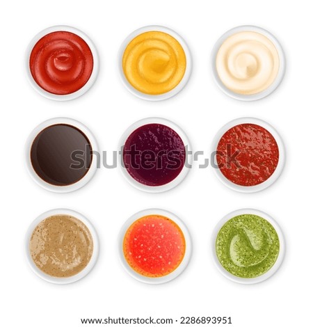 Isolated realistic sauces top view in white bowls. Sauce condiments, dips or dressings for dishes. Pesto, ketchup and mayonnaise pithy vector set