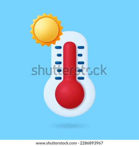 Weather thermometer with hot temperature. 3D sun, forecast graphic element. Realistic render vector heat icon for app, web design, tv show