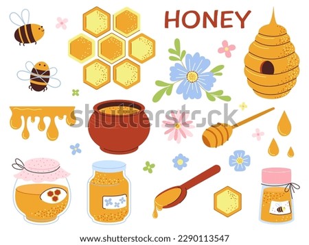 Honey flat elements, beekeeping industry. Jars and liquid caramel syrup, honeycombs and bee. Organic farm fresh food and floral decent vector set