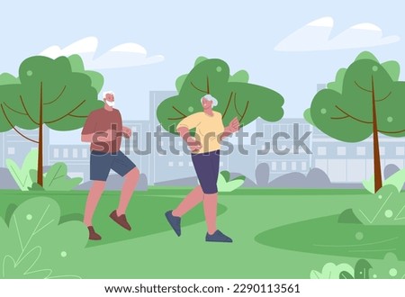 Cartoon old person running in city park. Senior couple jogging, healthy lifestyle on retirement. Flat outdoor location workout people, vector scene