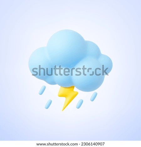 Cloud 3d with raindrops and lightning. Weather, autumn rainy day element. Thunder light, render vector graphic element