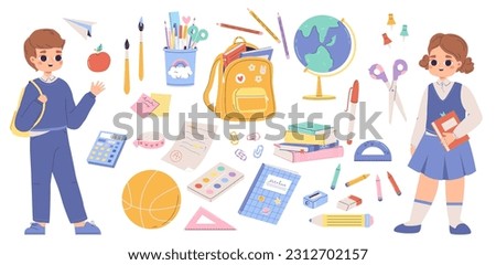 Study collection, back to school elements. Cute cartoon kid, stationery and backpack. Isolated paint brushes, pencils and pen. Education snugly vector set