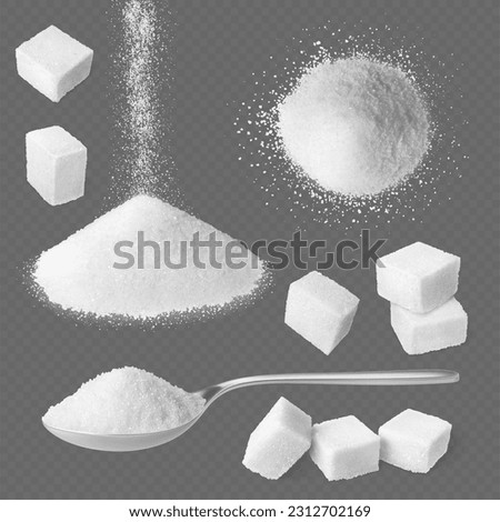 Realistic white sugar, heap salt and sugar in metallic spoon. Sugaring cubes and pile, sweet sand for food, cooking and bakery. Pithy vector set