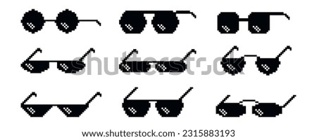 Pixel boss sunglasses, 8 bit sunglass design. Isolated gangster meme logos, retro game spectacles icons. Comic joke decent vector digital elements