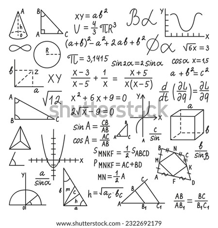 Doodle math, formula maths and mathematics scribble homework. Various charts and geometry shapes, physics formula neoteric vector collection