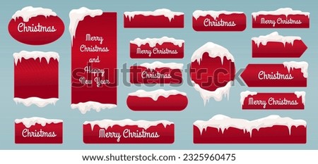 Christmas snow buttons, xmas and new year red banners with snowy caps and icicles. Decorative winter frozen elements, sale web tags snugly vector set