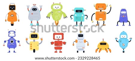 Cartoon robots, cute technology robot. Futuristic toys game, cyber monsters. Child digital toy vintage style, electric model snugly vector elements