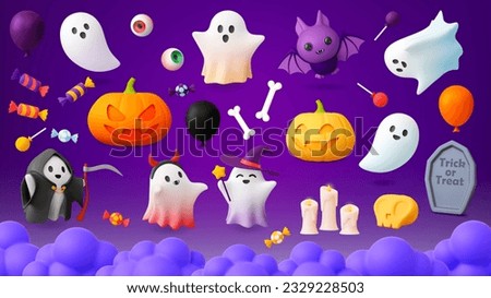 Halloween 3d elements. Horror mystery cartoon ghosts, pumpkin and bat. Monster characters, witch hat and candy render. Party pithy vector plasticine elements