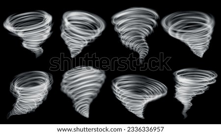 Realistic tornado, hurricane air or tornadoes twister elements. Nature danger weather, whirl storm effects. Water typhoon pithy vector design