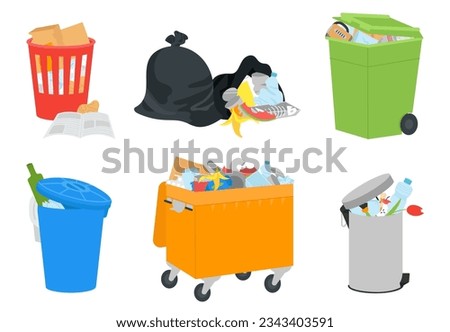 Trash bins with garbage, open dump and waste bags. Plastic bin, recycle rubbish containers. Isolated dirty junk, decent basket vector set