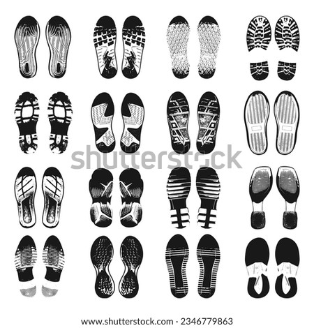 Human foot steps barefoot and in shoes. Black dirty footprints silhouettes, boot and sneakers print. Isolated footstep icons neoteric vector set