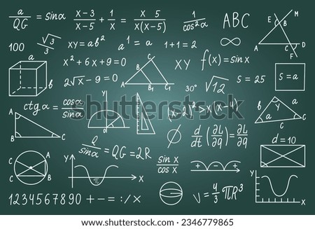 Hand drawn math signs on chalk board. Graphic and formula, mathematical, geometric or physic doodle on blackboard, neoteric vector symbols