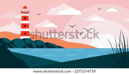 Lighthouse flat landscape. Lighthouse on coastline, clouds and flying bird flock. Beacon sea or ocean in stones, safety symbol decent vector background