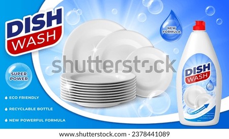 Dishwashing liquid soap product. Realistic cleat white plates and detergent in plastic bottle with bubbles and foam. Ad dishwash pithy vector poster