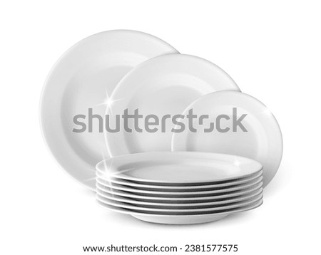 Realistic clean white plates. Washed plate and dish, isolated kitchen elements for promo poster dishwasher or detergent. Shiny tableware stack pithy vector mockup