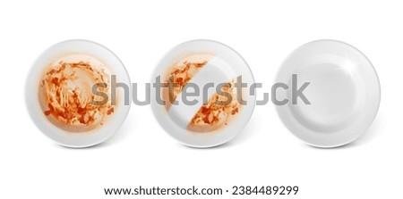 Realistic clean and dirty white plate. Wash dish process, cleaning plates after food. Washing product ads elements, before and after pithy vector concept