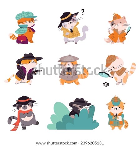 Cat detectives cartoon mascots. Cute cat in suit hold magnifying glass, reading notes and looking steps. Animal detective characters, nowaday vector clipart