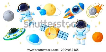 Space cartoon 3d elements. Ufo ship, rocket and astronaut character in suit. Realistic universe objects in plastic style. Planets and satellite pithy vector set