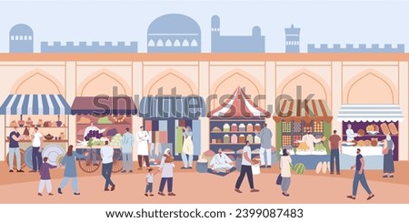 Asian street market. Local marketplace, arabian traditional counters, vendors and customers. Traditional oriental marketplace, kicky vector scene