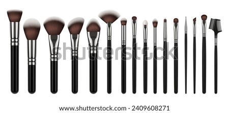 Realistic cosmetic brushes. Isolated brush for makeup, beauty industry equipment. Tools for tone, eyebrows, lips and eyes. Different pithy vector elements